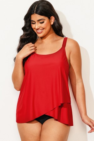 Top de Tankini Rojo Sólido con Fluida Frontal y Espalda Recta Completa