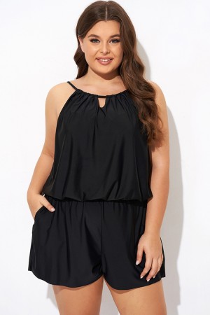 Top de Tankini Negro de Moda con Cuello Alto