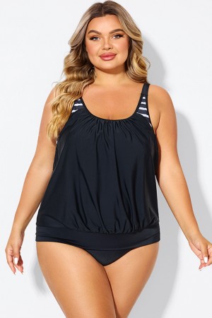 Top de Tankini Negro y Blanco con Cordón Lateral a Raya