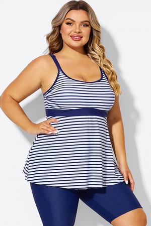 Top de Tankini Azul y Blanco con Tirantes Ajustables a Rayas