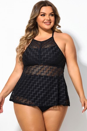 Top de Tankini Negro Cuello Alto con Delantal de Ganchillo