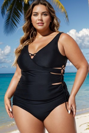 Top de Tankini de Talla Grande con Escote Pronunciado y Corte Ceñido