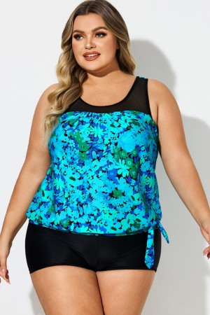 Top de Tankini de Talla Grande Cian de Malla con Floral Estampado