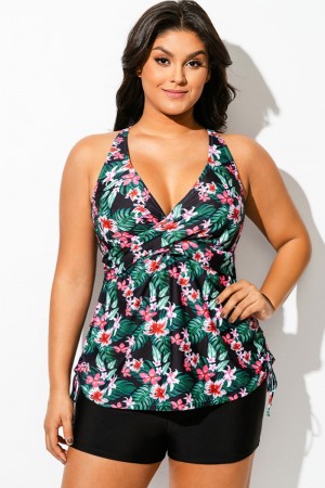 Top Tankini con Tirantes Ajustables Laterales y Cordón con Estampado Floral