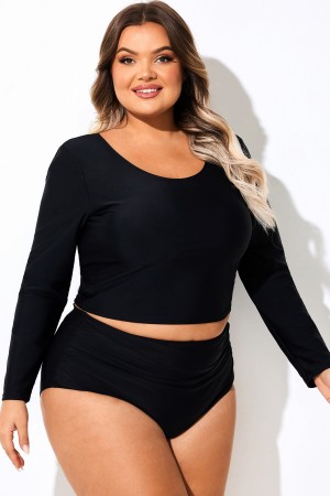 Top tankini negro de manga larga y cuello redondo