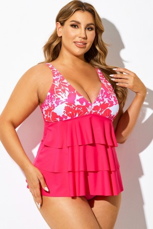 Top tankini con bloques de color y estampado floral rosa