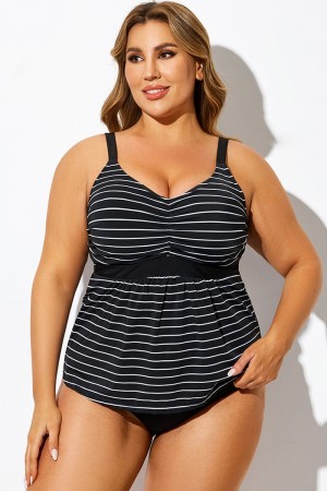 Top tankini con estampado de rayas y cuello en V en blanco y negro