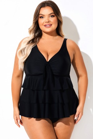 Top tankini con volantes y cuello en V en color negro liso