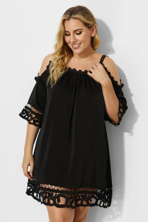 Cover Up de Vestido Negro Ganchillo con Hombros Descubiertos
