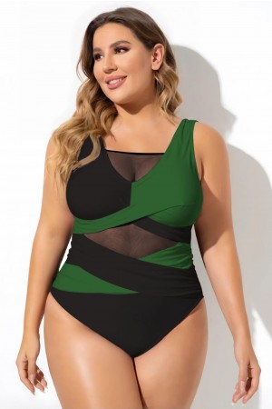 Traje de baño de una pieza de malla sexy con recortes en verde y negro