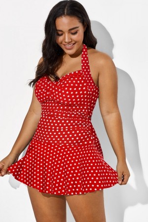 Traje de Baño Rojo Polca Punto Cabestro Torcida Frontal