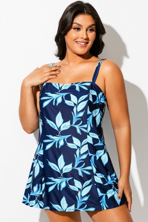 Bañador Elegante con Escote Cuadrado y Estampado de Hojas Azules Para Mujer