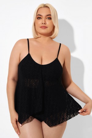 Top de Tankini Negro V-cuello Gancho Pañuelo