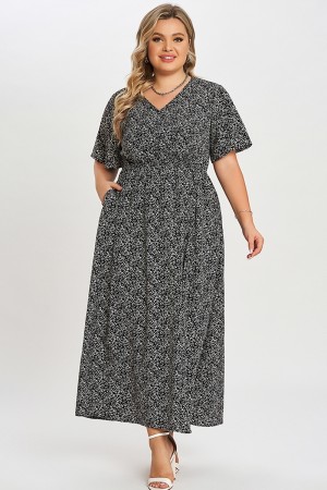 Vestido Largo Negro V-cuello con Bolsillo Abierto