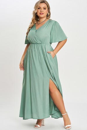 Vestido Largo Verde Bolsillo Abierto con Manga de Aleteo para Mujer