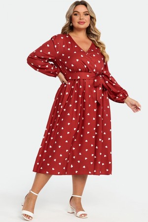 Vestido Maxi de Manga Faro y Bolsillo Ribeteado con Corazón Estampado