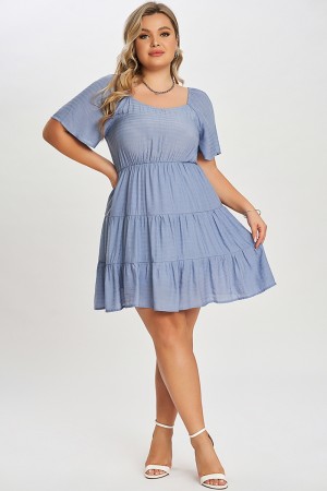 Vestido de Fiesta Color Denim Mangas Volantes con Estilo Escalonado