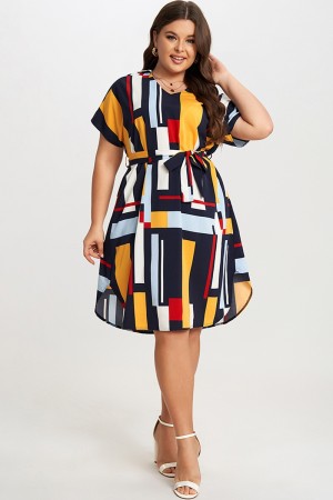 Vestido Midi de Talla Grande Dolman Cinturón Mangas con Bloque Color Estampado