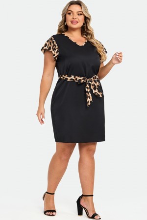 Vestido de Talla Grande V-cuello de Manga Corta con Animal Estampado