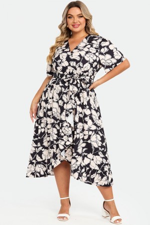 Vestido Maxi Blanco y Negro de V-cuello con Floral Estampado