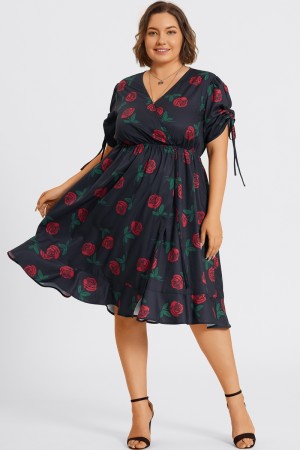 Vestido Midi V-cuello Volante de Mangas Abullonadas con Floral Estampado