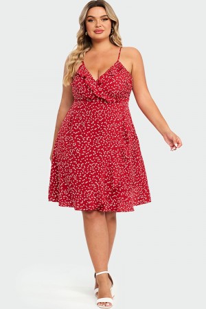 Vestido Midi de Pierna Volantes Cruzado con Corazones Estampado