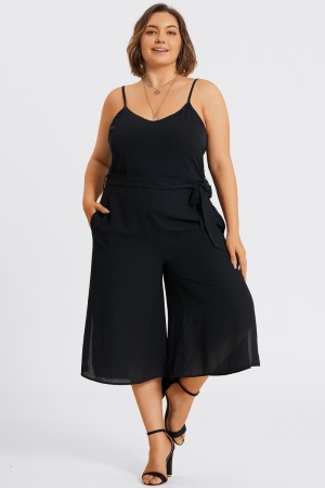 Vestido Culottes Fácil Negro de Talla Grande sin Mangas