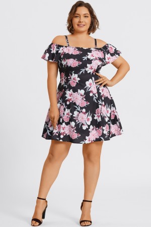 Vestido Midi Manga Acampanada con Floral Estampado sin Hombros