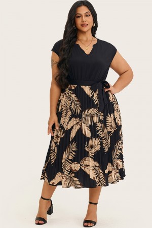 Vestido midi con cinturón y muescas con estampado de hojas de patchwork