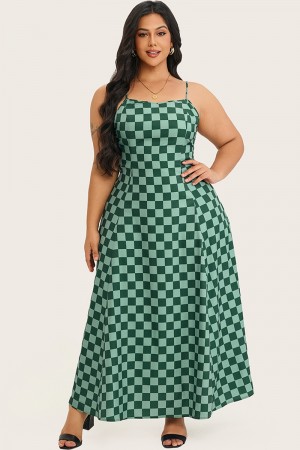 Vestido camisero largo trapecio a cuadros verde