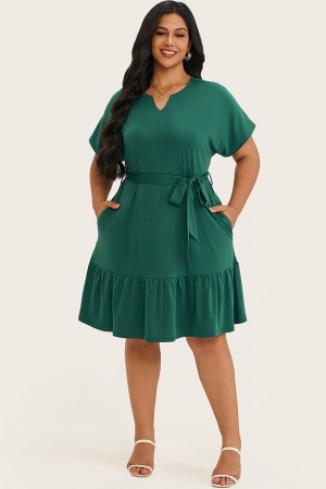 Vestido midi con cinturón y dobladillo con volantes y cuello con muesca