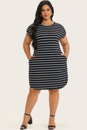 Vestido midi ajustado con cuello redondo y rayas en blanco y negro