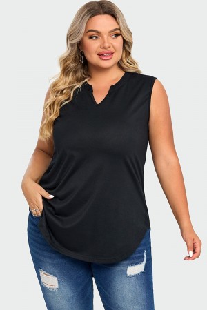 Top de Tank Negro Sólido V-cuello con Dobladillo Muesca sin Mangas