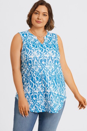 Top Camiseta Azul y Blanco V-cuello Dobladillo sin Mangas