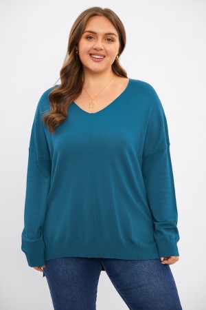 Top de Punto Suelto Azul V-Cuello con Empalme de Manga Larga