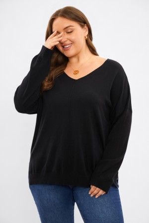 Top Negro de Punto Suelto V-Cuello con Abertura Lateral y Manga Larga