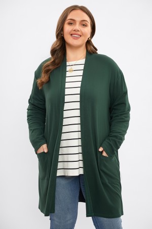 Cárdigan Verde Cazador Medio Largo Ligero con Bolsillo Suelto