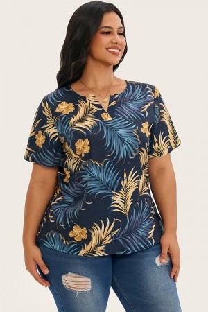 Blusa informal con cuello con muescas y estampado de plantas tropicales