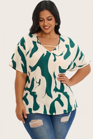 Blusa plisada con manga de murciélago y estampado gráfico verde