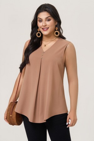 Blusa sin mangas con cuello en V y botones de color caqui