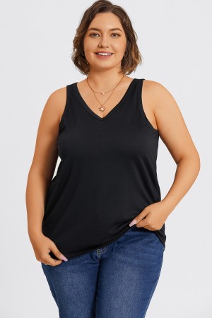 Camiseta Negra de Talla Grande con Detalle Costuras sin Mangas