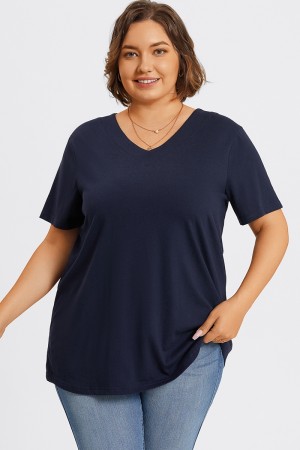 Top Básico Azul Marino de Talla Grande V-cuello con Ajuste Holgado