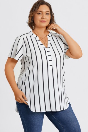 Blusa Manga Corta con Volantes Crepé de Chine a Rayas