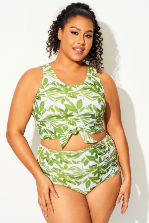 Top De Bikini Corto Anudado Verde Tropical De Talla Grande