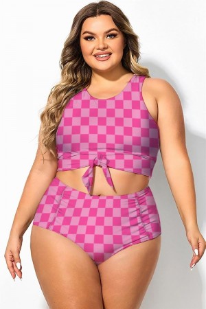 Top De Bikini Corto Anudado A Cuadros Rosas De Talla Grande