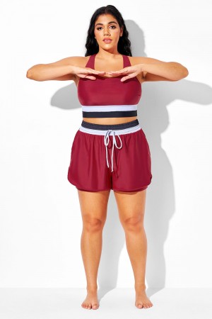 Pantalones Cortos De Cintura Media Para Mujer, De Talla Grande, Color Rojo Oscuro