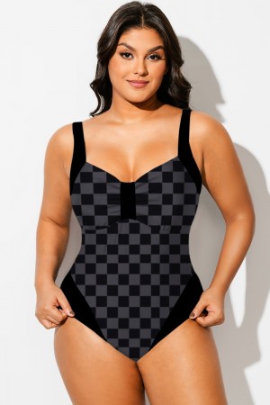 Traje de baño de una pieza con cuello en V y estampado de cuadros negros