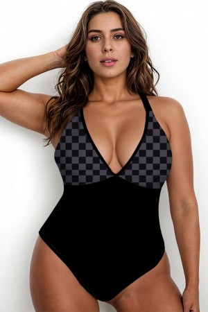 Traje de baño de una pieza con estampado de cuadros negros