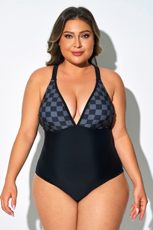 Traje De Baño De Una Pieza Con Estampado De Cuadros Negros