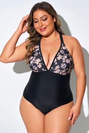 Traje De Baño De Una Pieza Con Estampado Negro Y Dorado